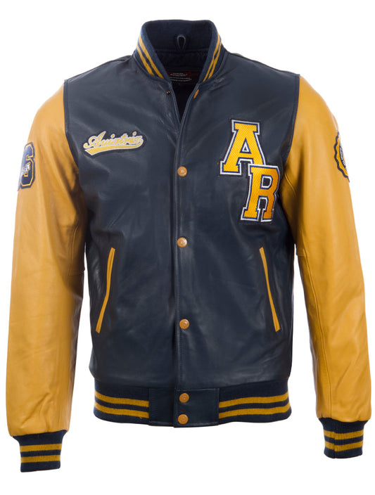 Black and yellow varsity jacket with lettering on a white background