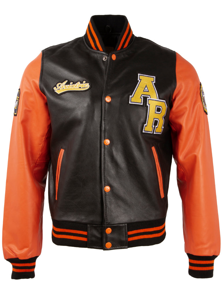 Black and orange varsity jacket with letter 'A' and 'R' on a white background