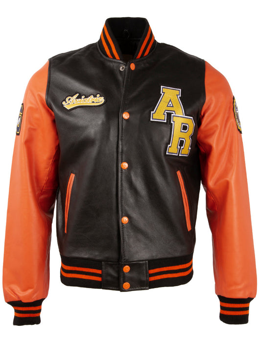 Black and orange varsity jacket with letter 'A' and 'R' on a white background