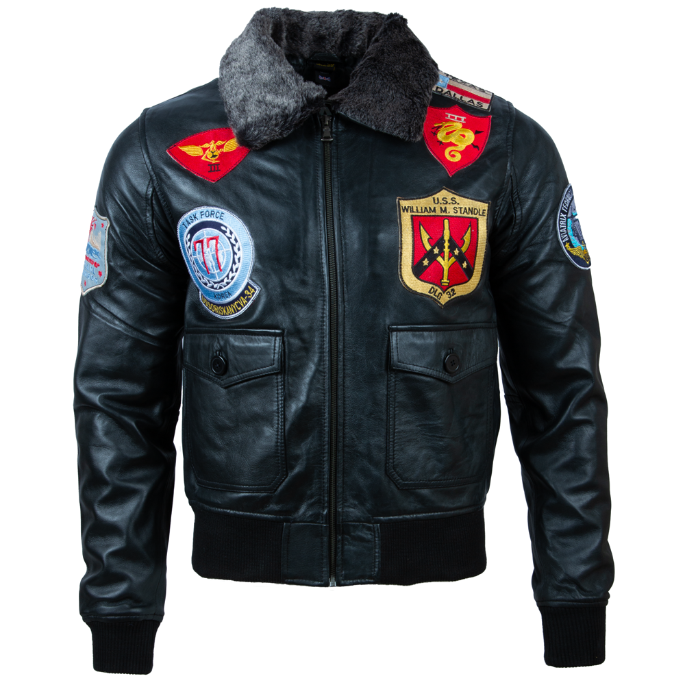 Black leather jacket with various patches on a white background