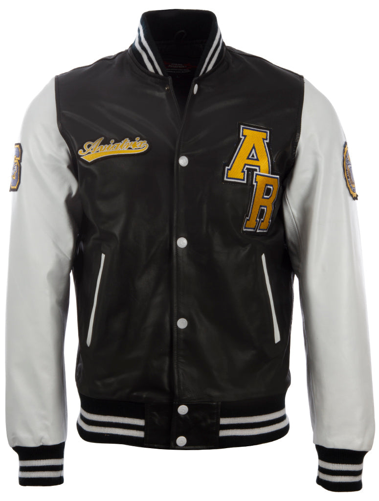 Men's Black & White Varsity Jacket - Cowhide Leather