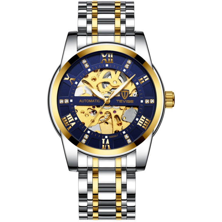 Luxury watch with blue, gold accents, and silver and gold band on white background