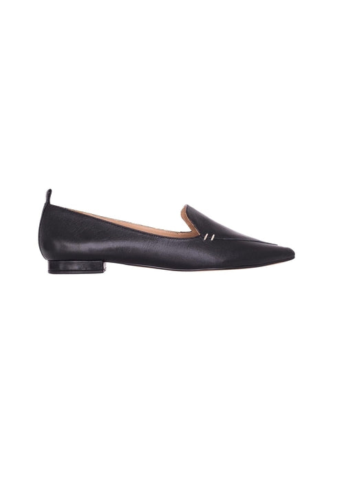 Black leather loafers on a white background