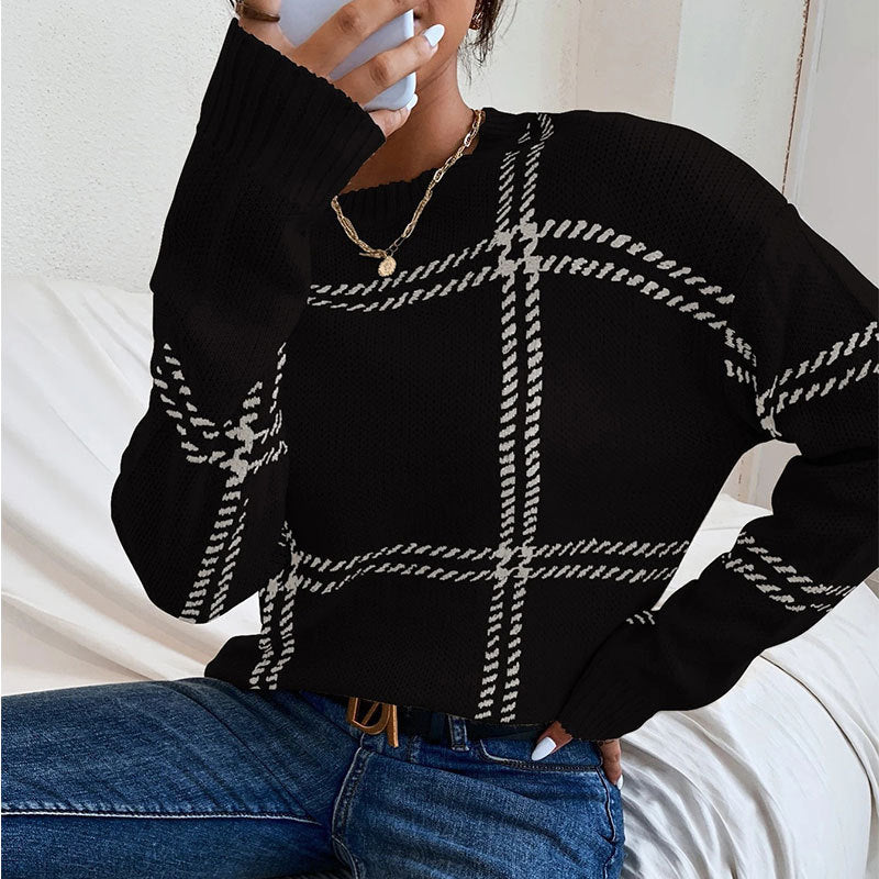 Women's Plaid Color Block Crew Neck Sweater