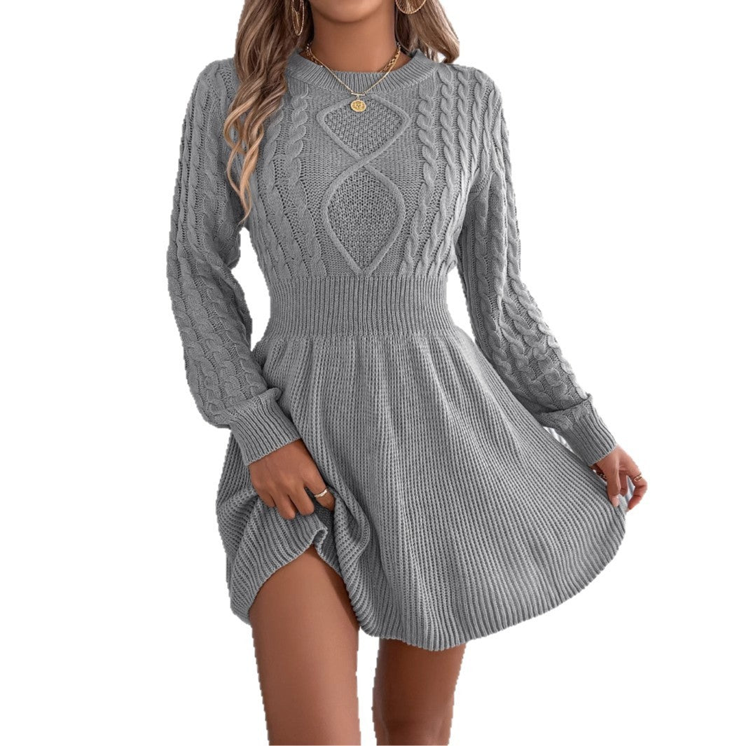 Women's Long Sleeve Sweater Dress with Waist Tie
