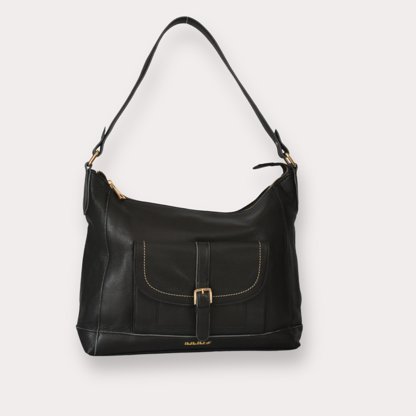 Black leather handbag with gold accents on a light gray background