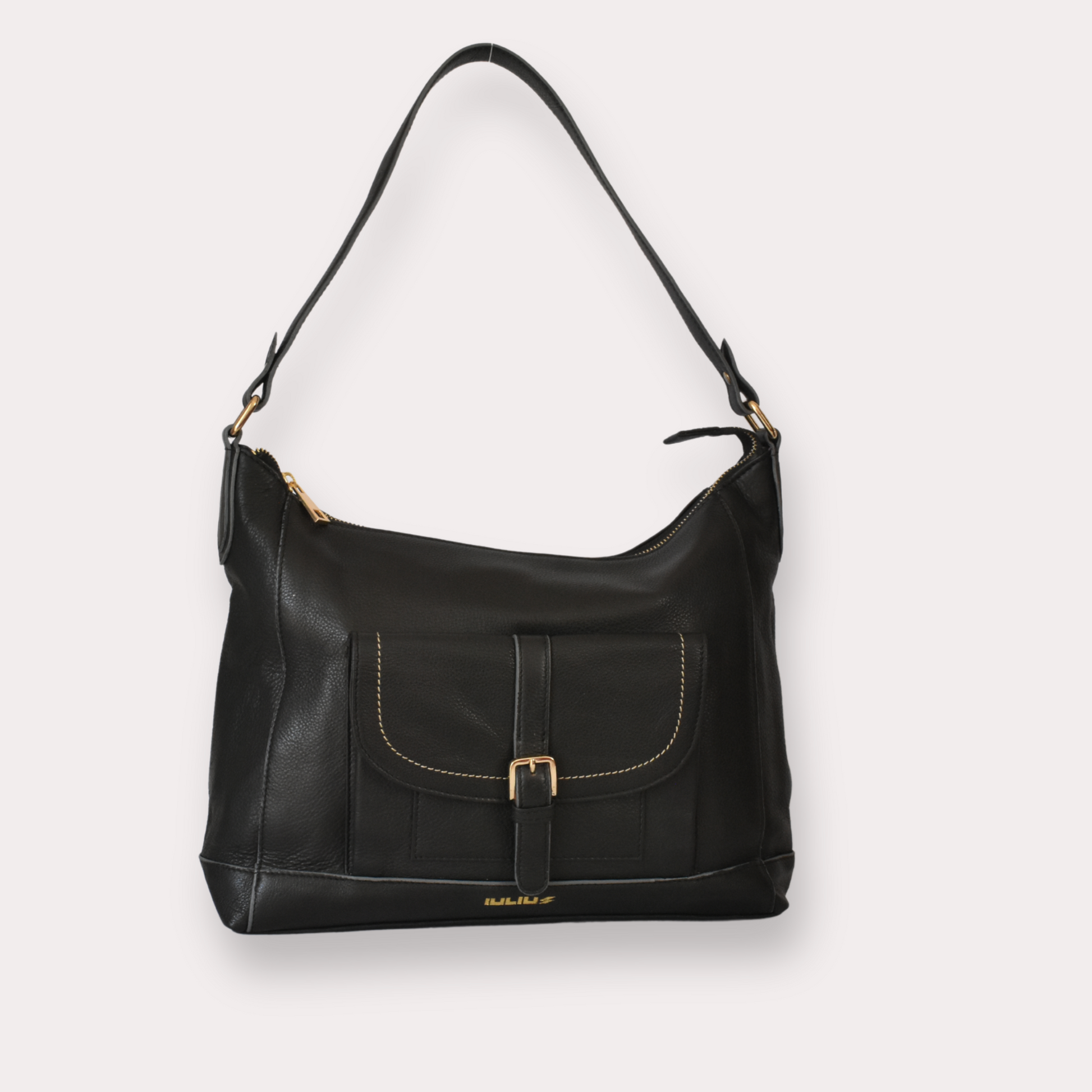 Black leather handbag with gold accents on a light gray background