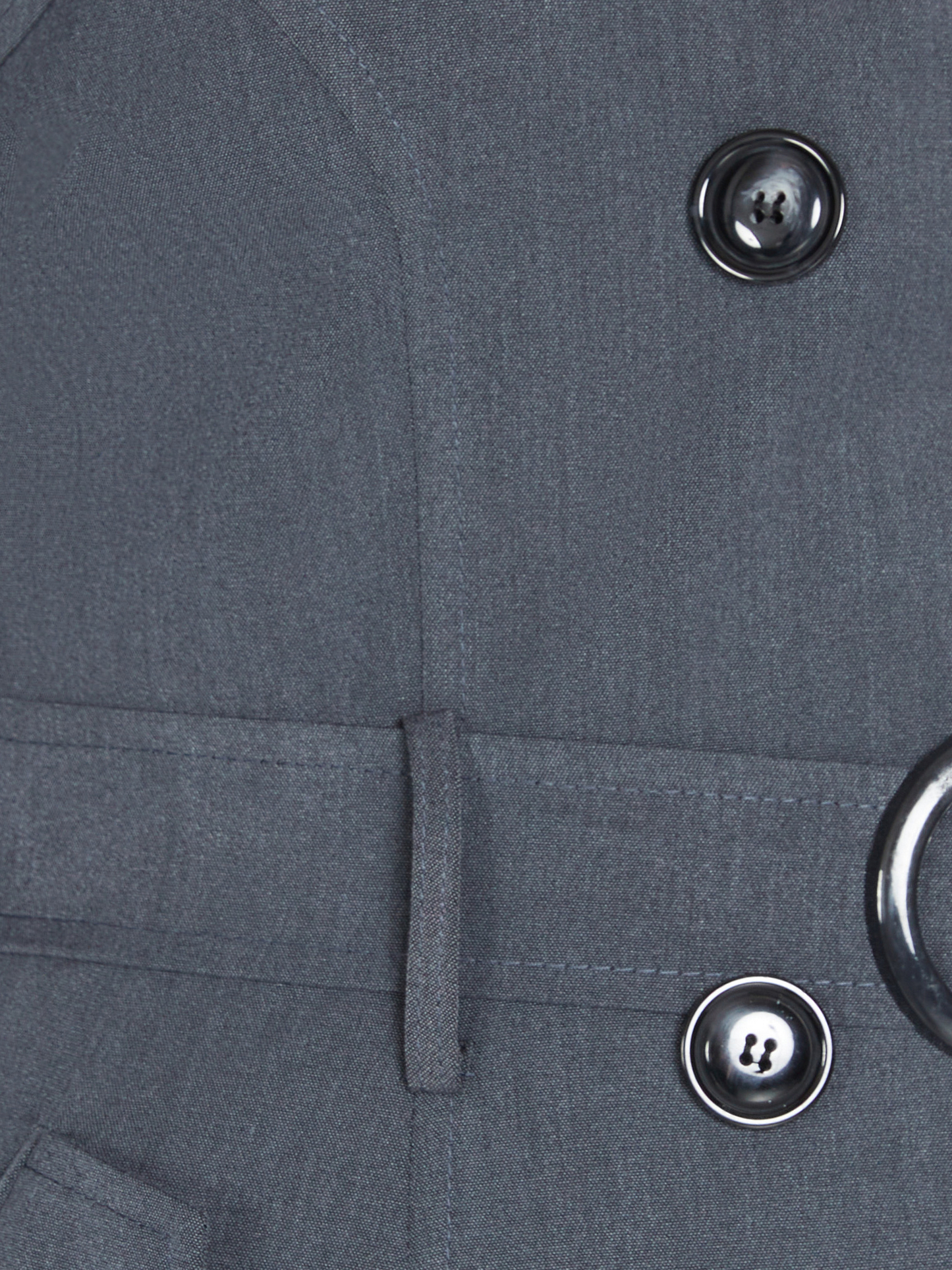 Close-up of a gray suit jacket with buttons
