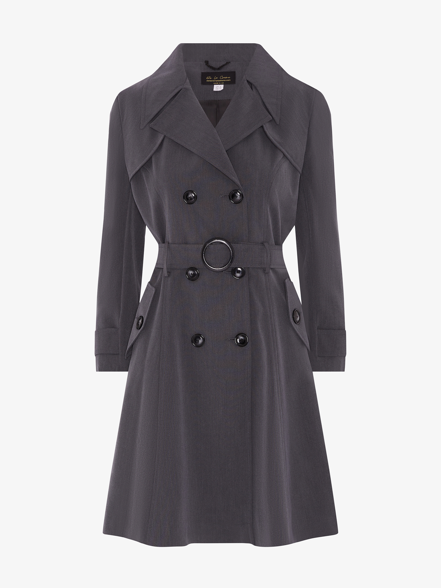 Gray trench coat with black buttons on a white background