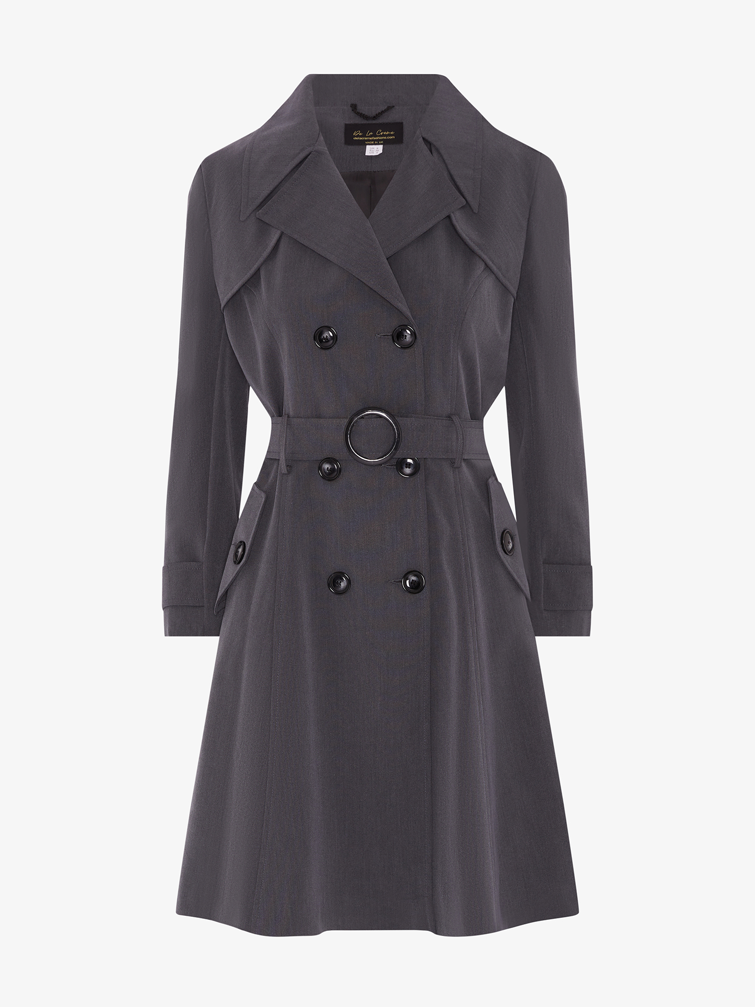 Gray trench coat with black buttons on a white background
