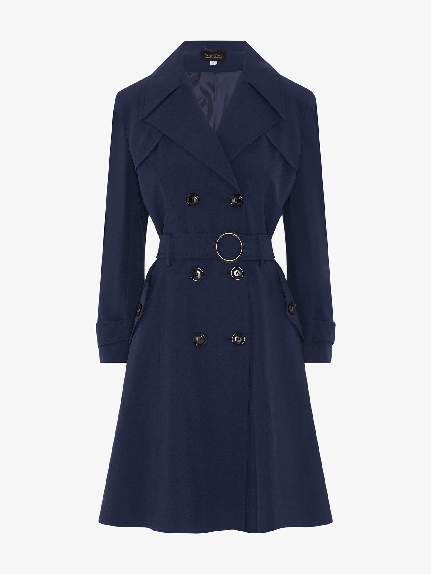 Navy blue trench coat on a white background