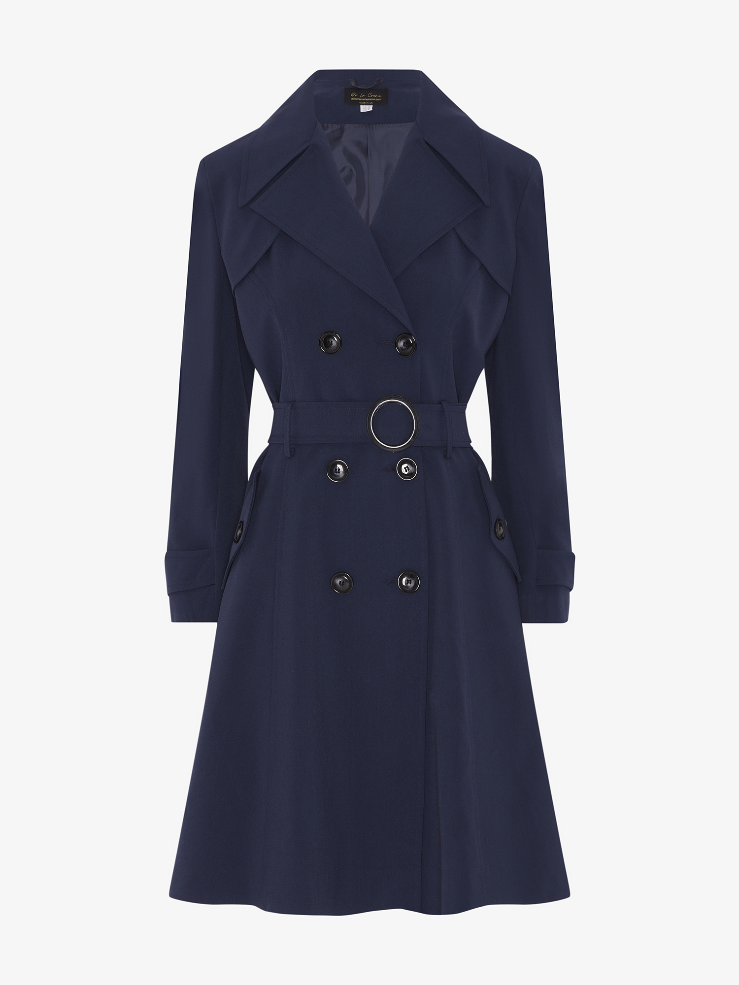 Navy blue trench coat on a white background