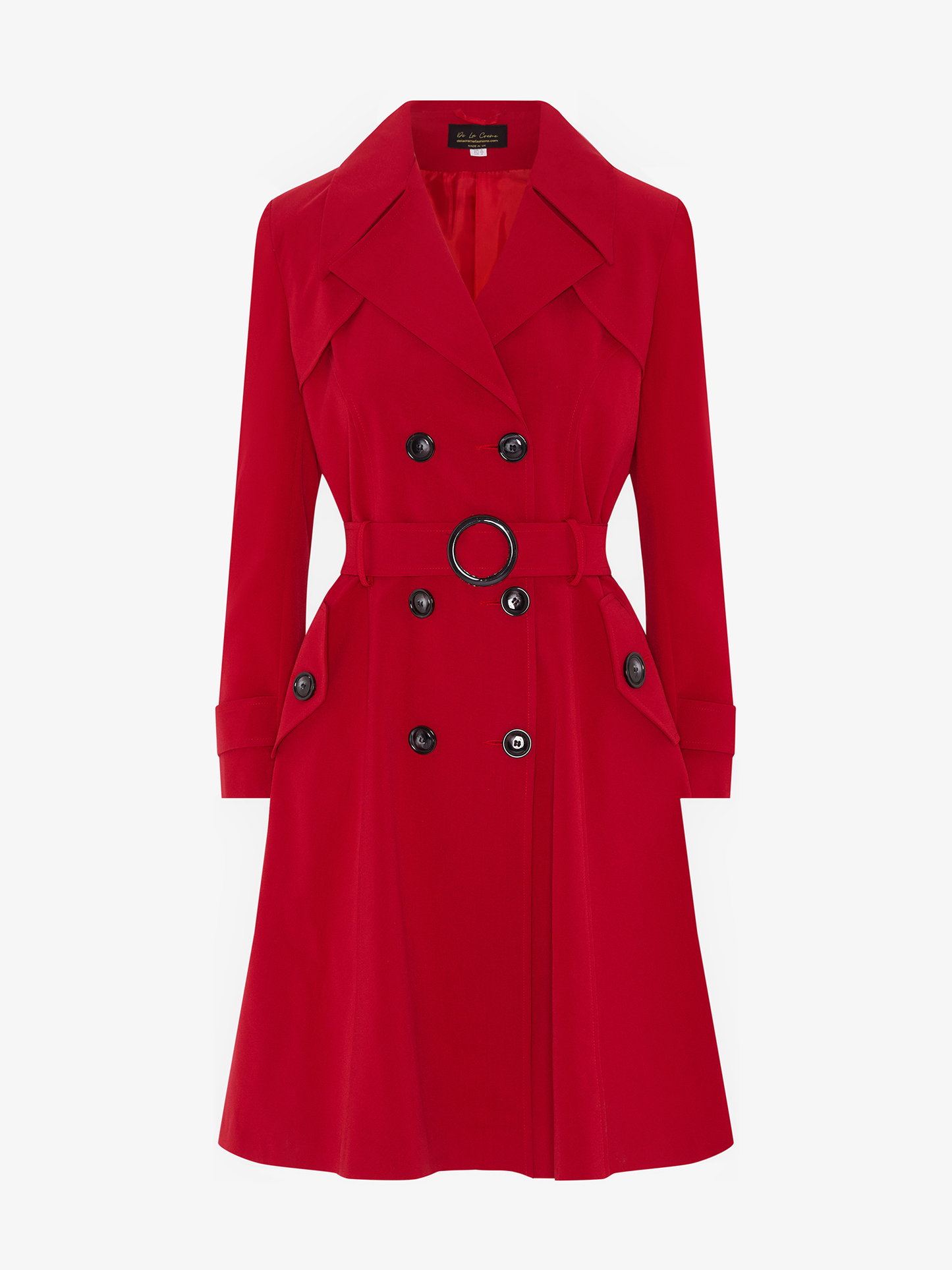 Red trench coat with black buttons on a white background