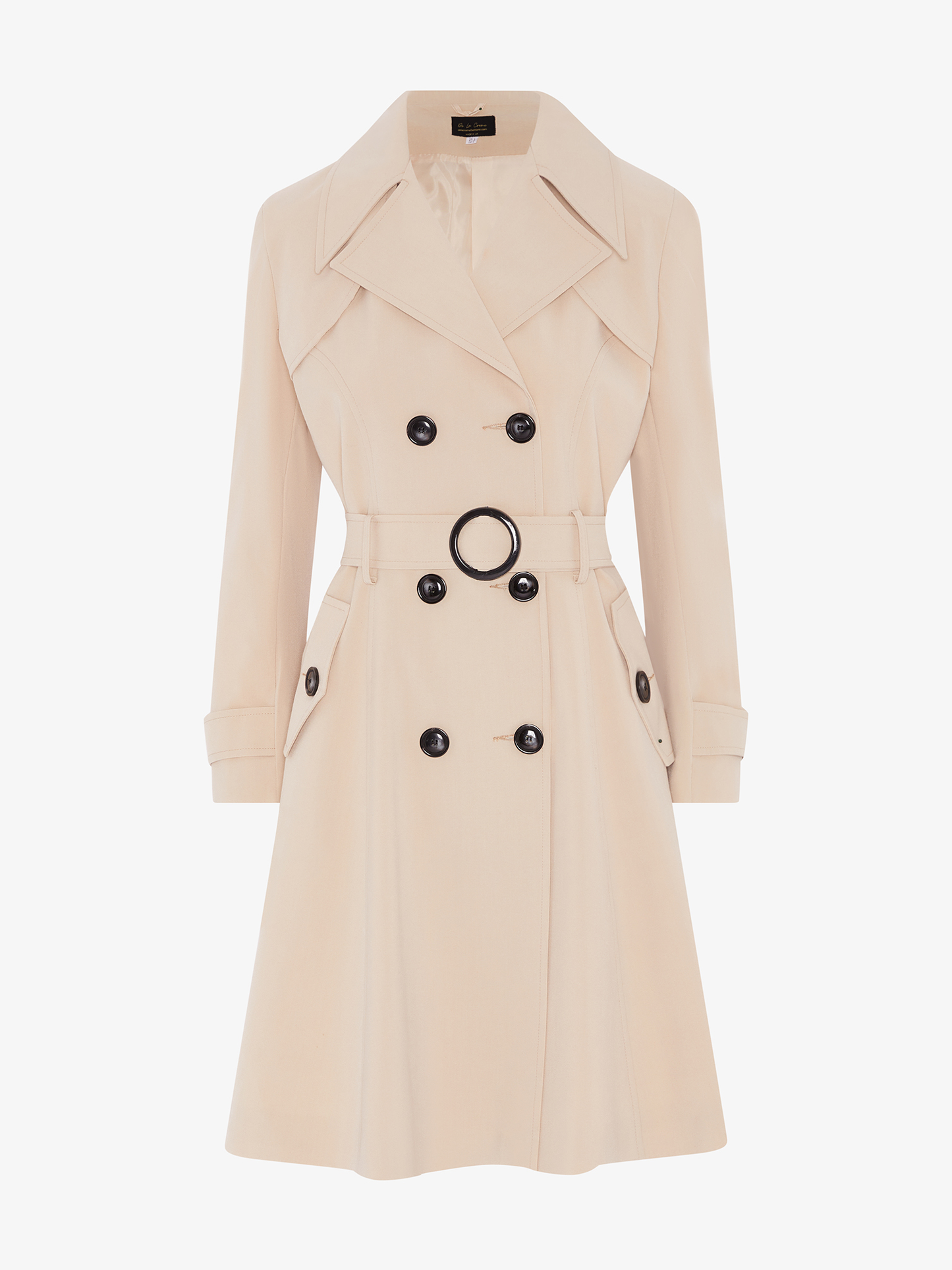 Beige trench coat with black buttons on a white background