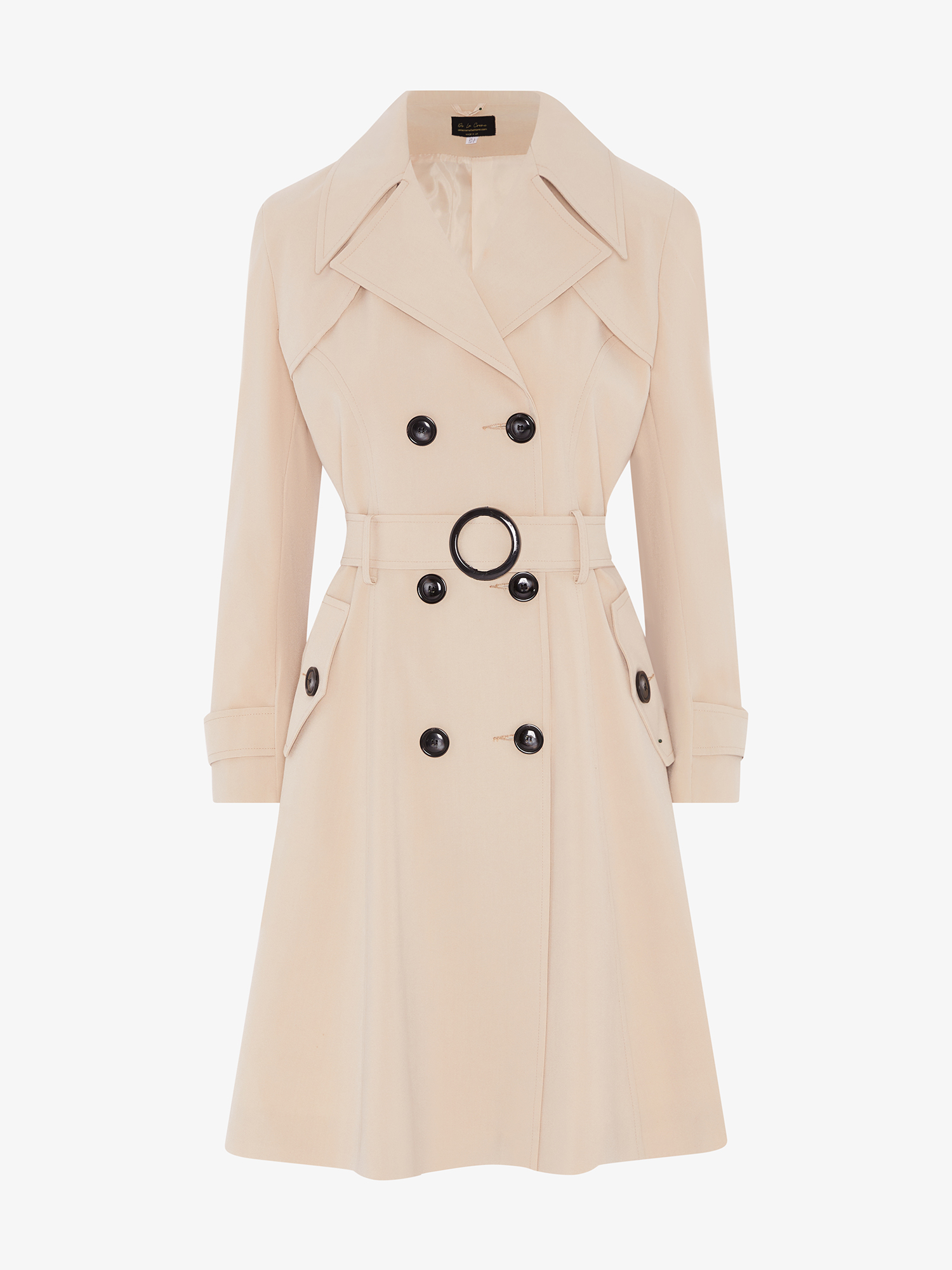 Beige trench coat with black buttons on a white background