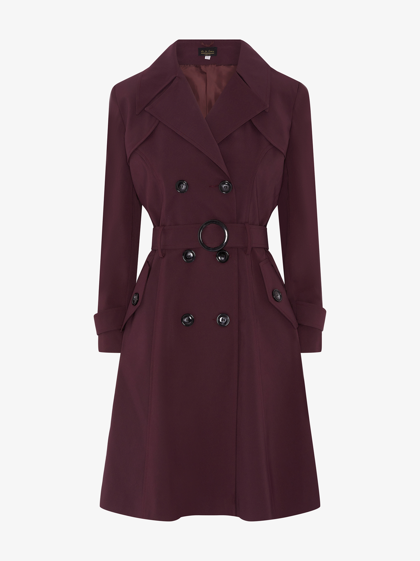 Maroon trench coat with black buttons on a white background
