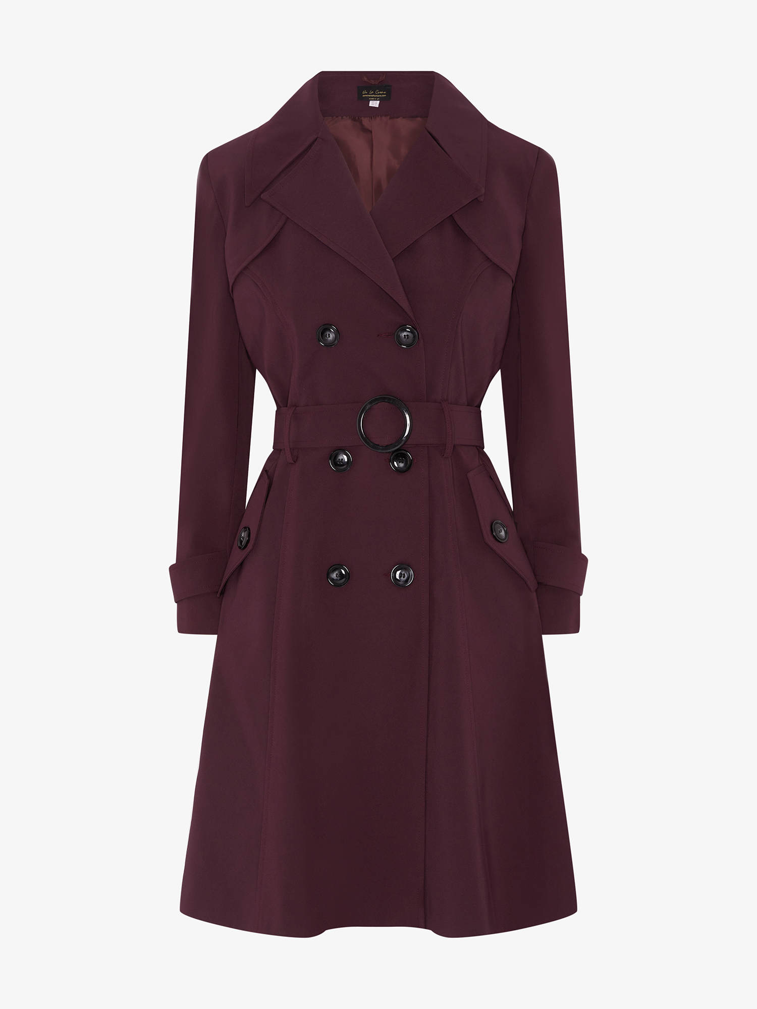 Maroon trench coat with black buttons on a white background