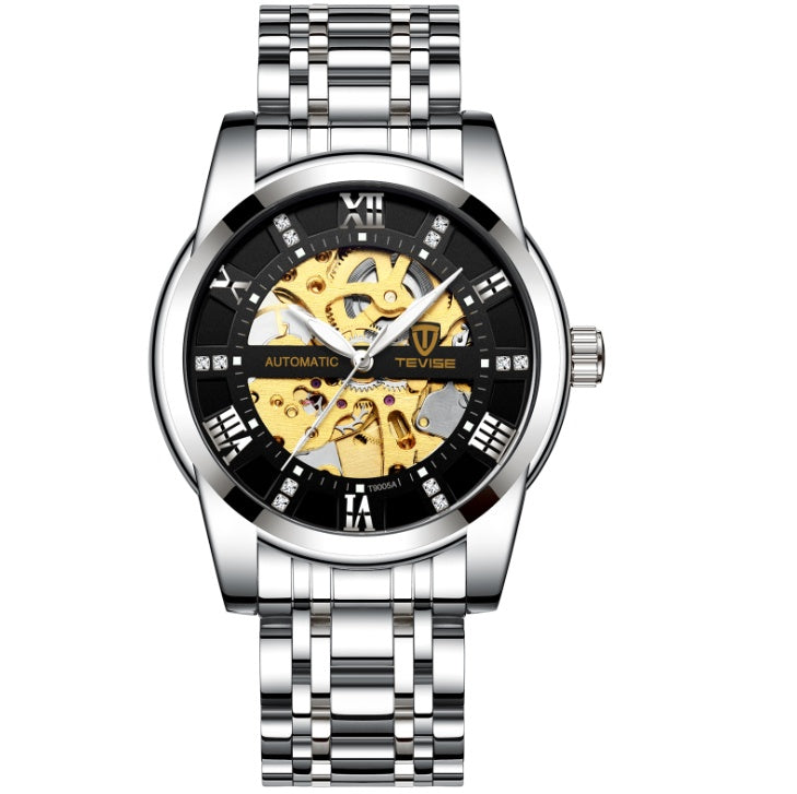 Silver watch with black and yellow mechanical components on a white background