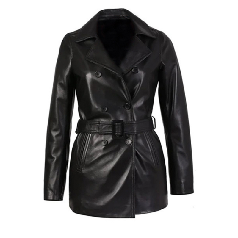 Black leather trench coat on a white background
