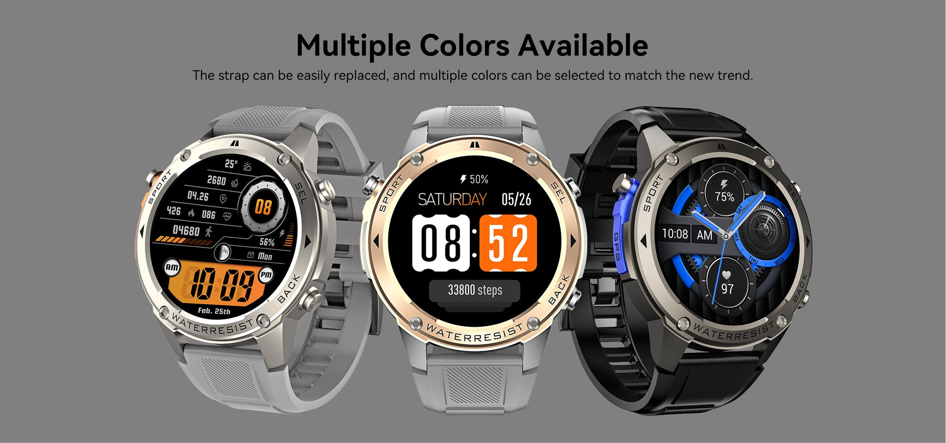 Three smartwatches with different color options on a gray background