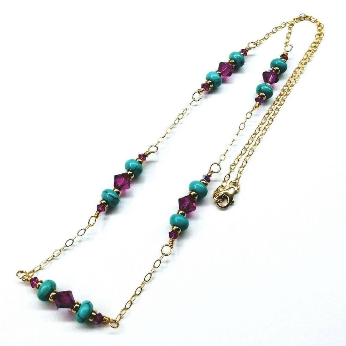 14K Gold Filled Turquoise Pink Wire Wrapped Necklace - Handmade Gemstone Jewelry - Style Queenz