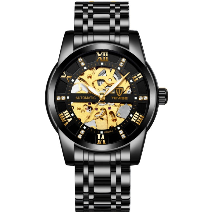 Luxury watch with black and silver design on a white background