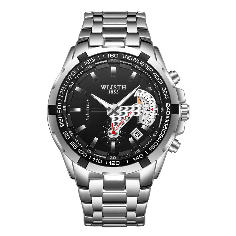 Silver wristwatch with black dial on a white background