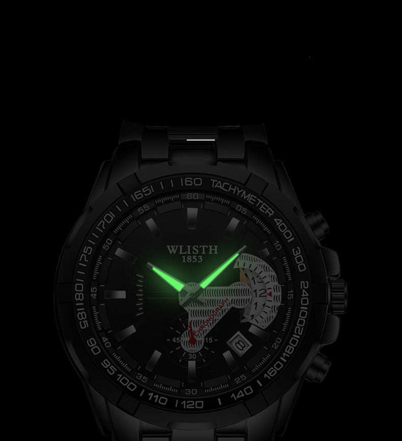 Black wristwatch with green glowing face on a black background
