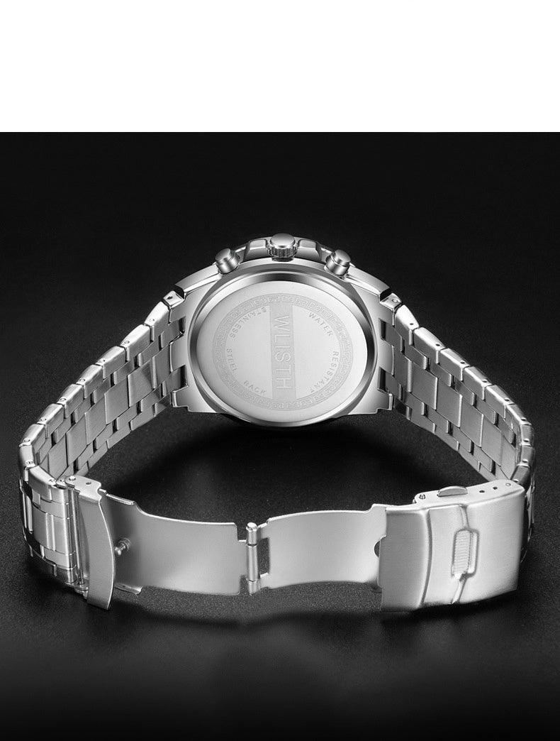Silver watch with metal band on a dark background
