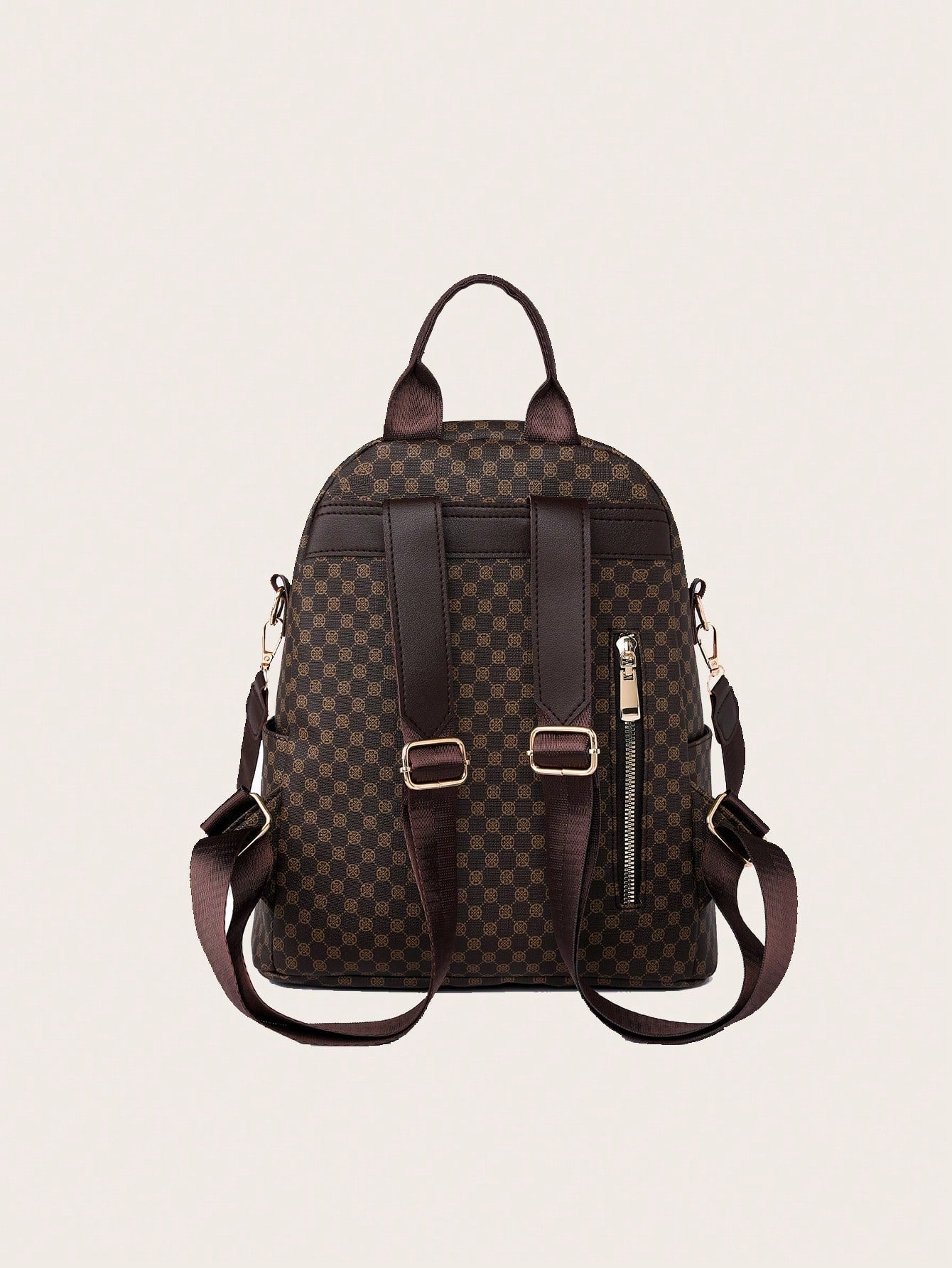 Brown checkered backpack with leather straps on a light beige background