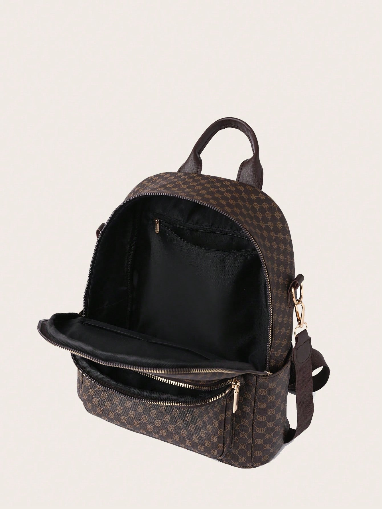 Brown checkered backpack with open front compartment on a beige background