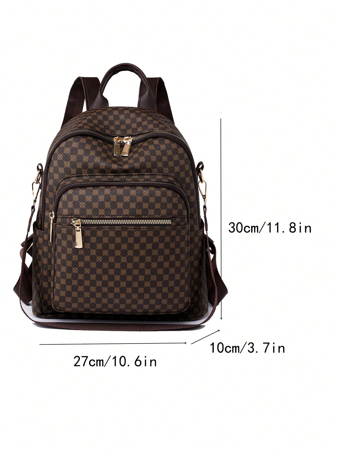 Brown checkered backpack with measurements on a white background