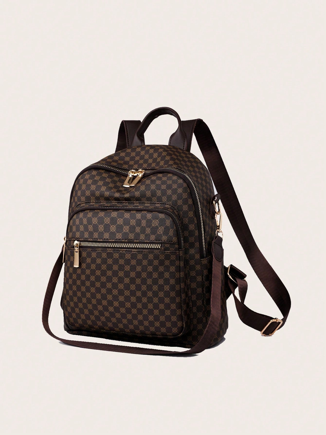 Brown checkered backpack with gold zippers on a light beige background