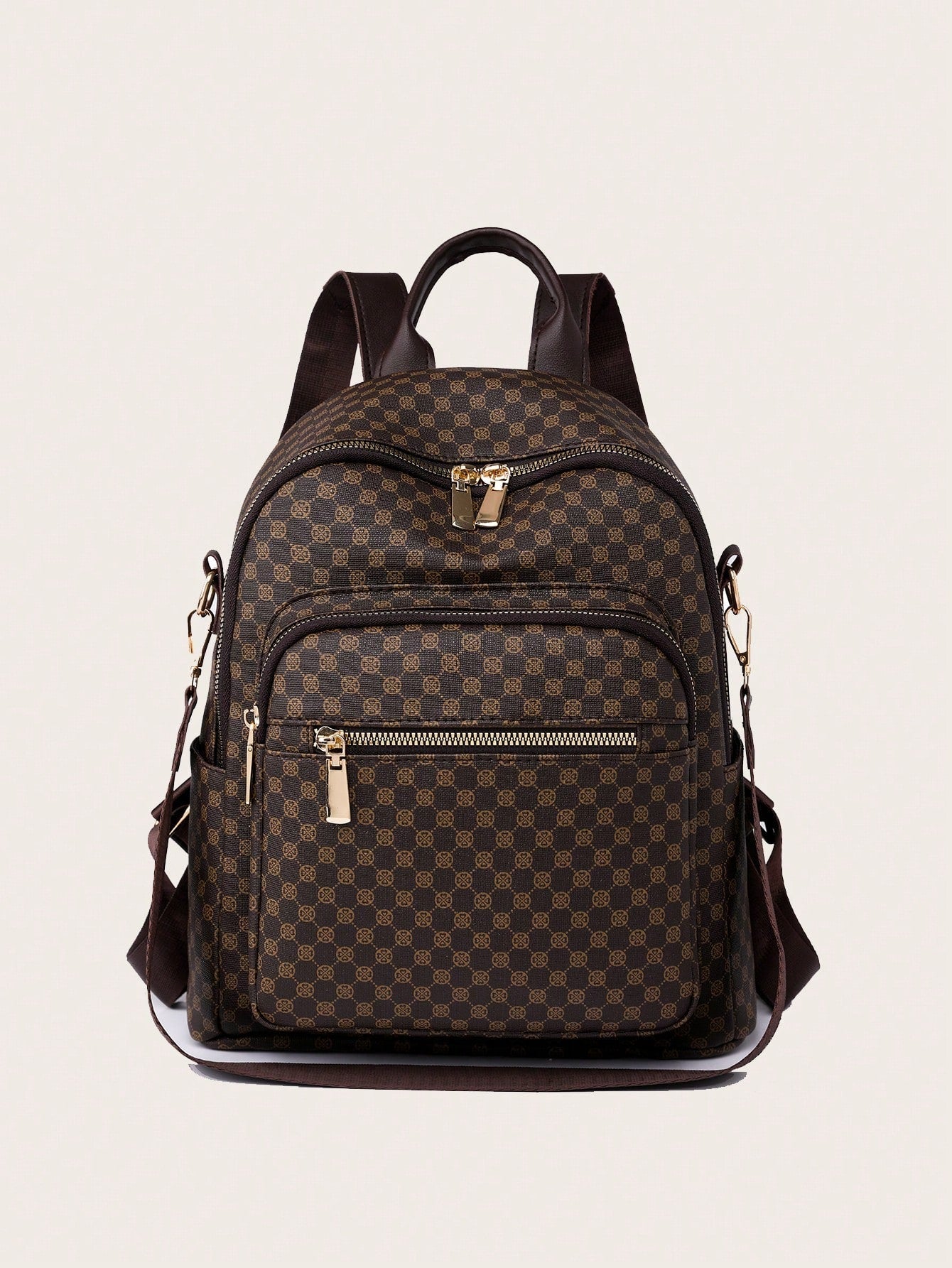 Brown checkered backpack with gold zippers on a light gray background