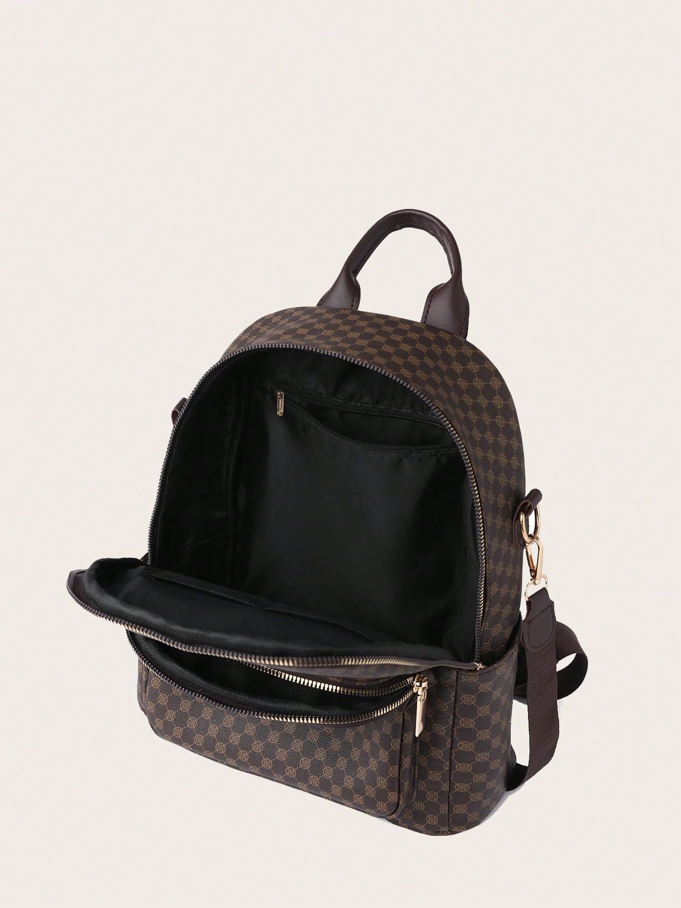 Brown checkered backpack with open front compartment on a beige background