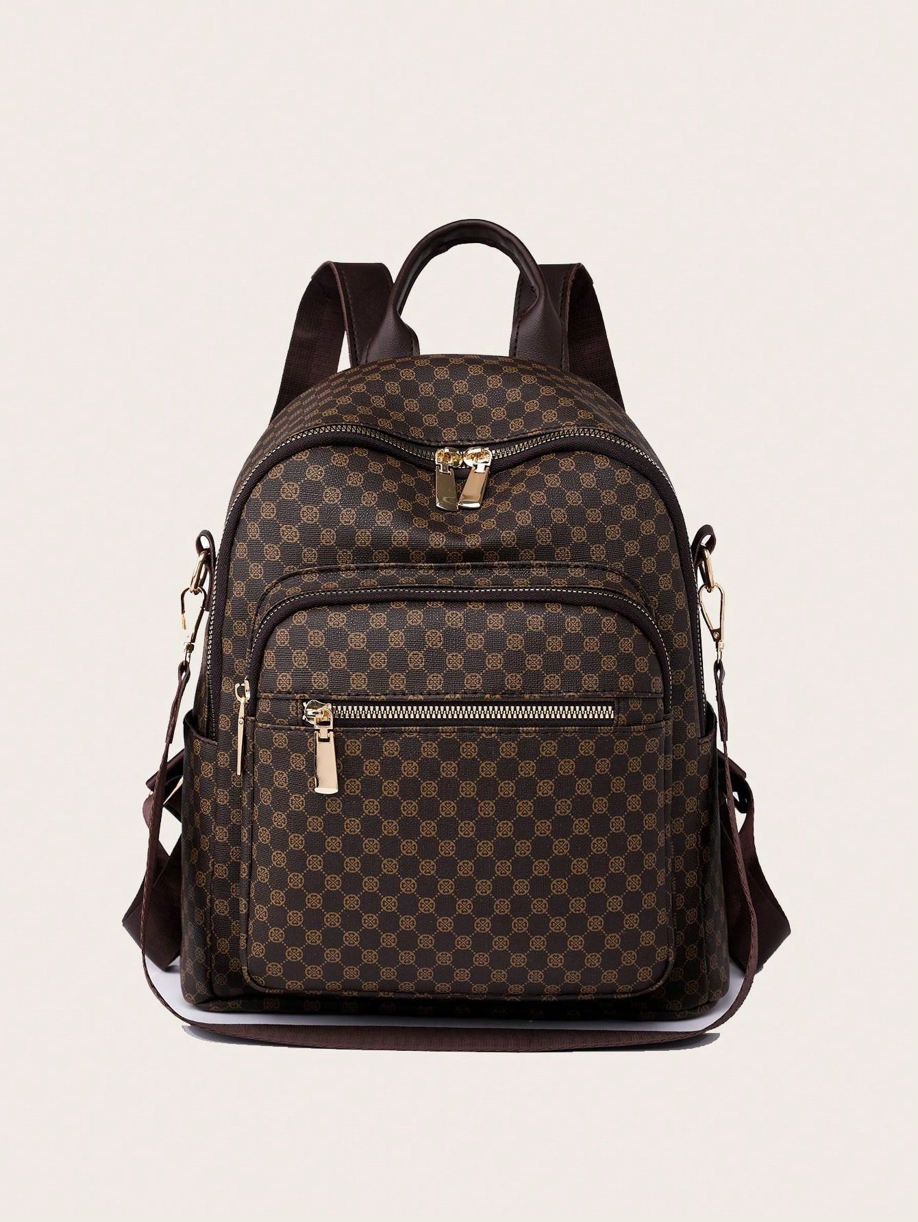 Brown checkered backpack with gold zippers on a light beige background