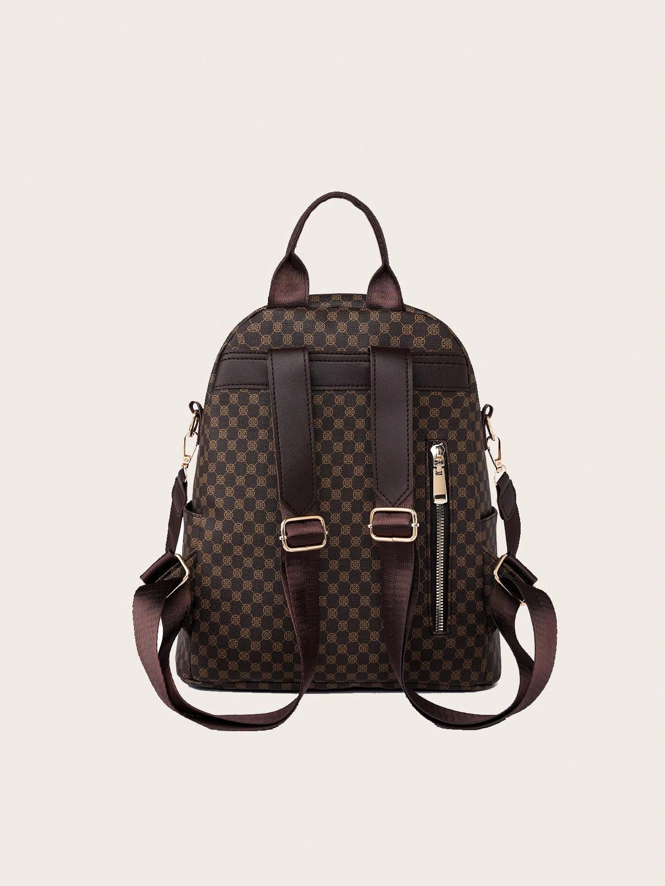 Brown checkered backpack with brown straps on a light beige background