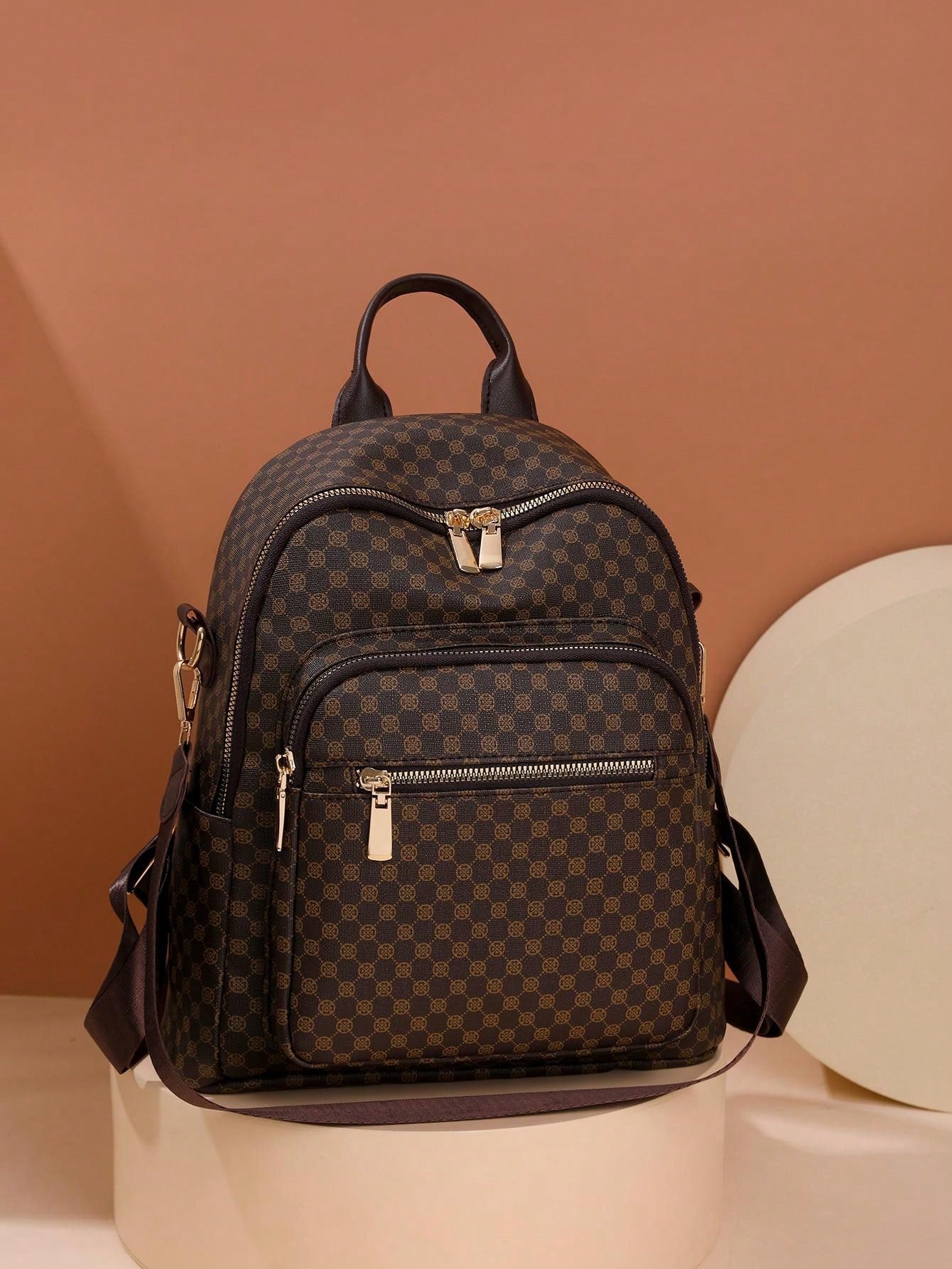 Brown checkered backpack on a beige platform with a brown background