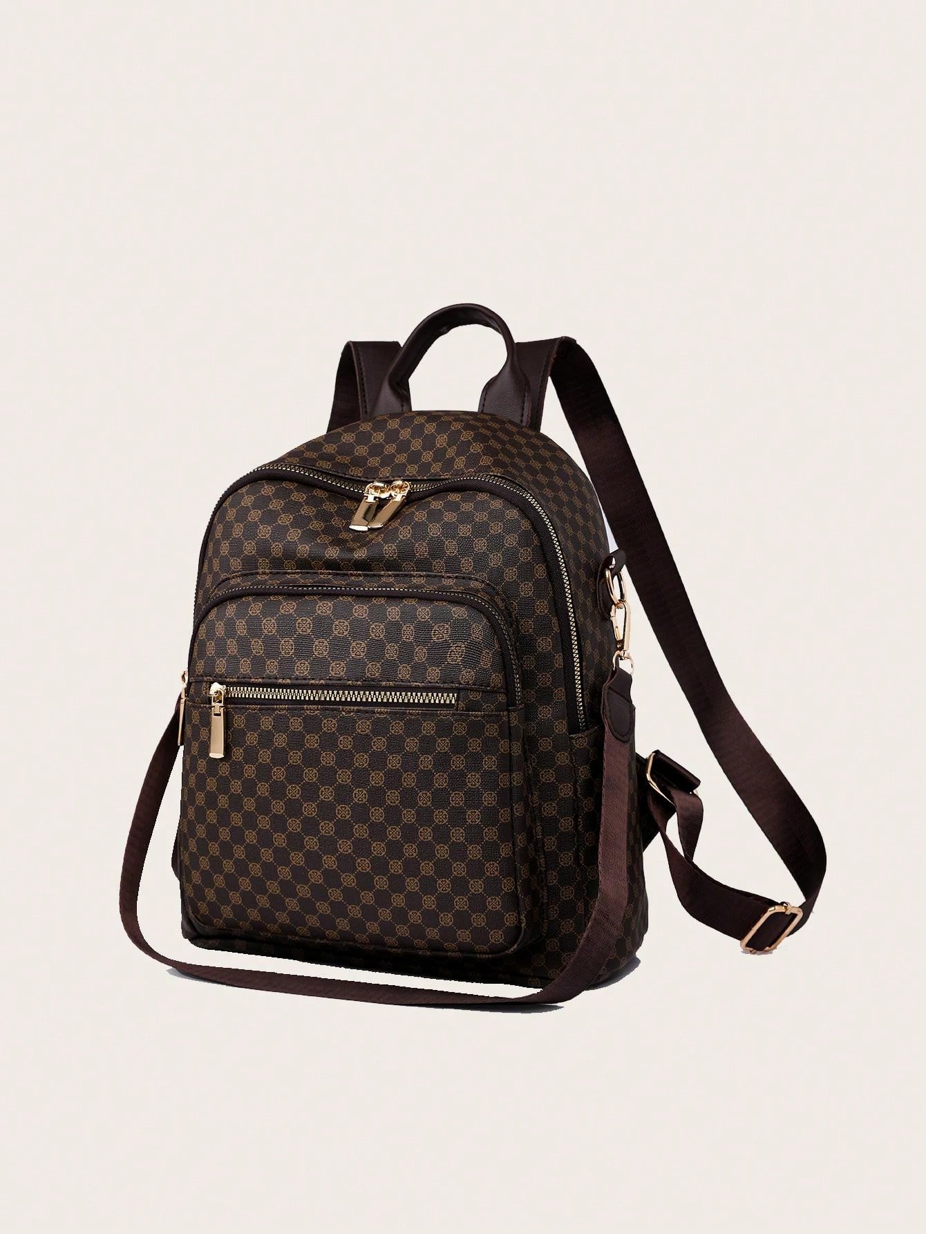 Brown checkered backpack with gold zippers on a light beige background