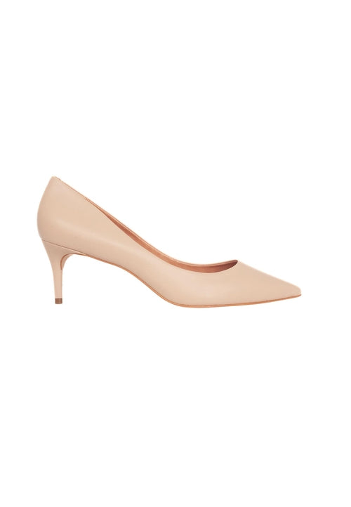Nude-colored high-heeled shoe on a white background