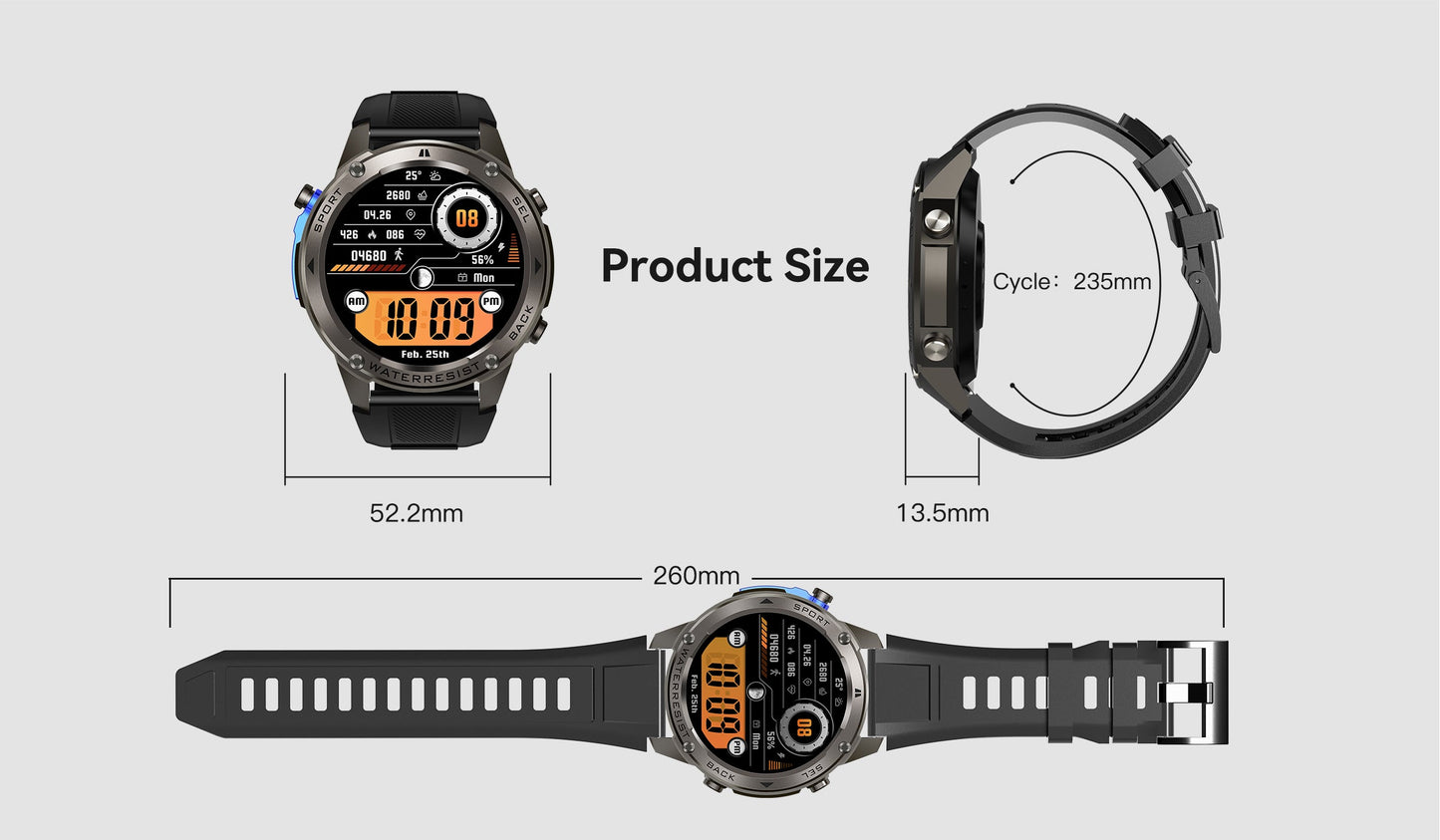 Smartwatch with measurements on a white background