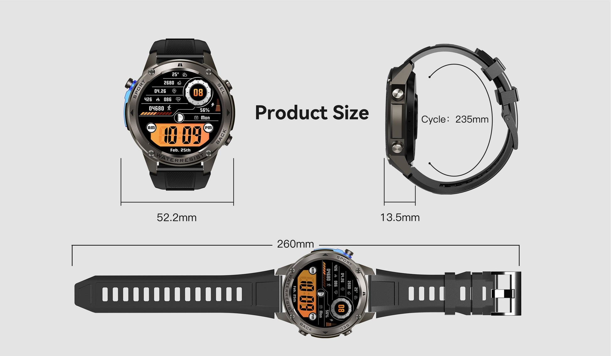 Smartwatch with measurements on a white background