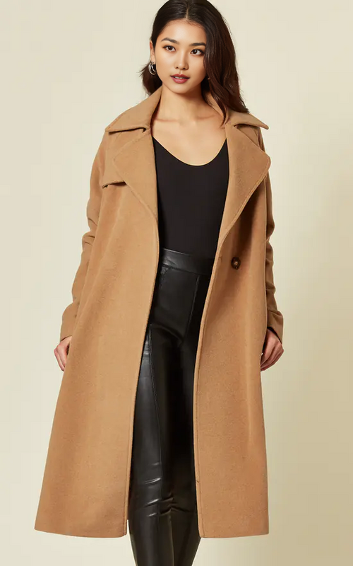 Woman wearing a long brown coat over a black outfit on a beige background