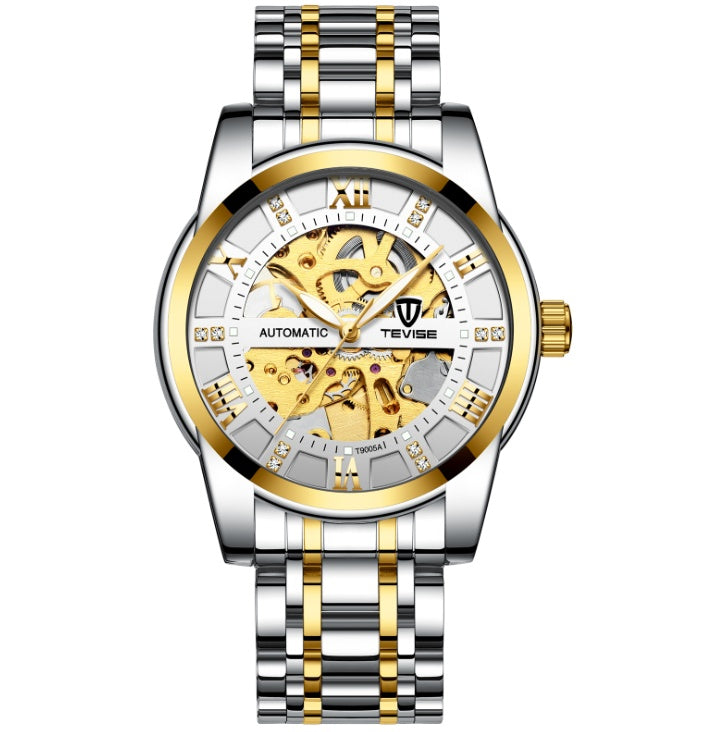 Luxury silver and gold watch with visible brand name on a white background
