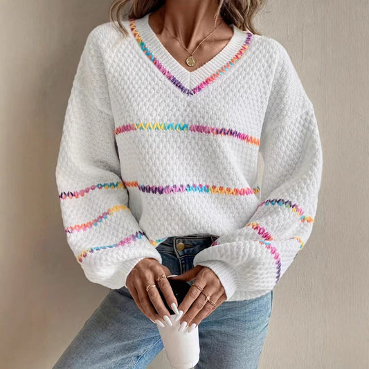 Women's V-Neck Contrast Pullover Sweater