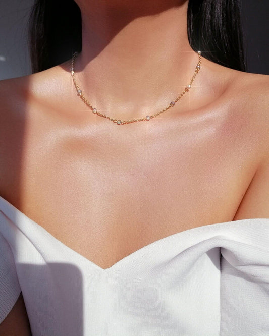 18K Gold Chrome Glass Crystal Chain Choker - Dainty Layering Necklace - Style Queenz