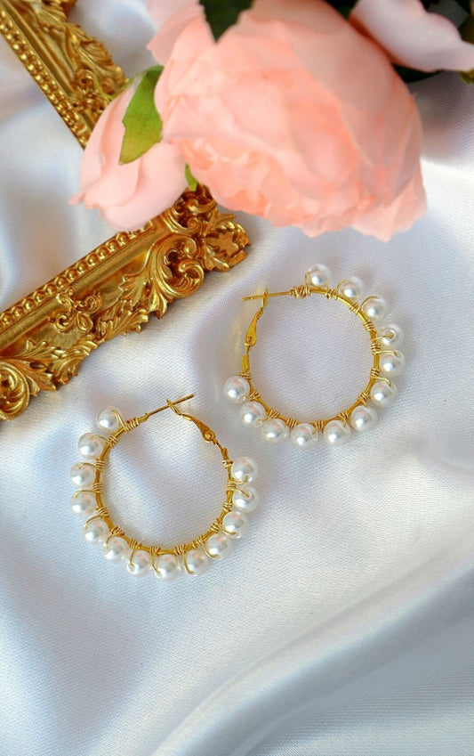 18K Gold Hand Wired Pearl Hoop Earrings - Artisan Jewelry - Style Queenz