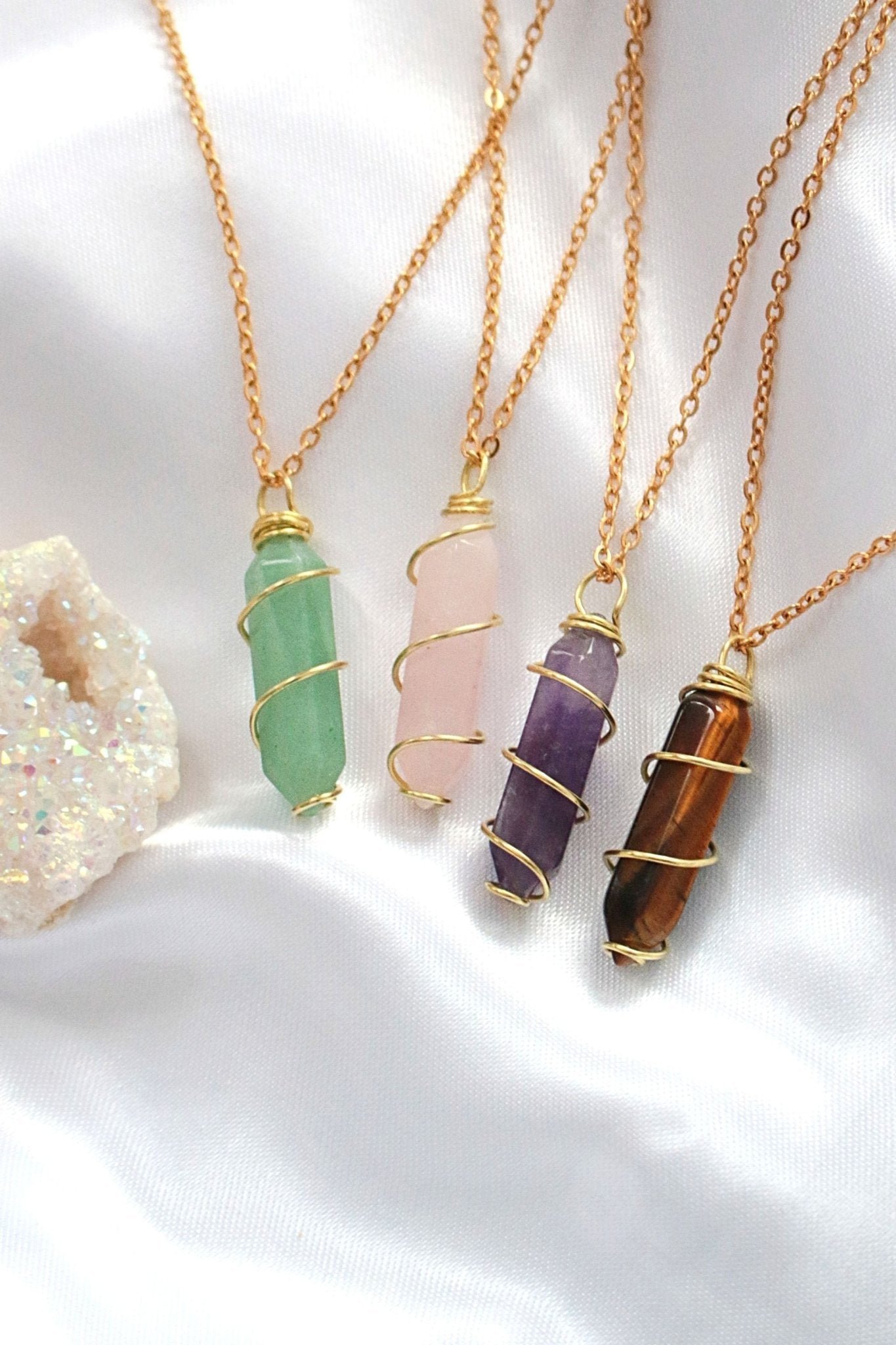 18K Gold Natural Crystal Healing Necklace - Double Ended Hand Wired Gemstone Jewelry - Style Queenz