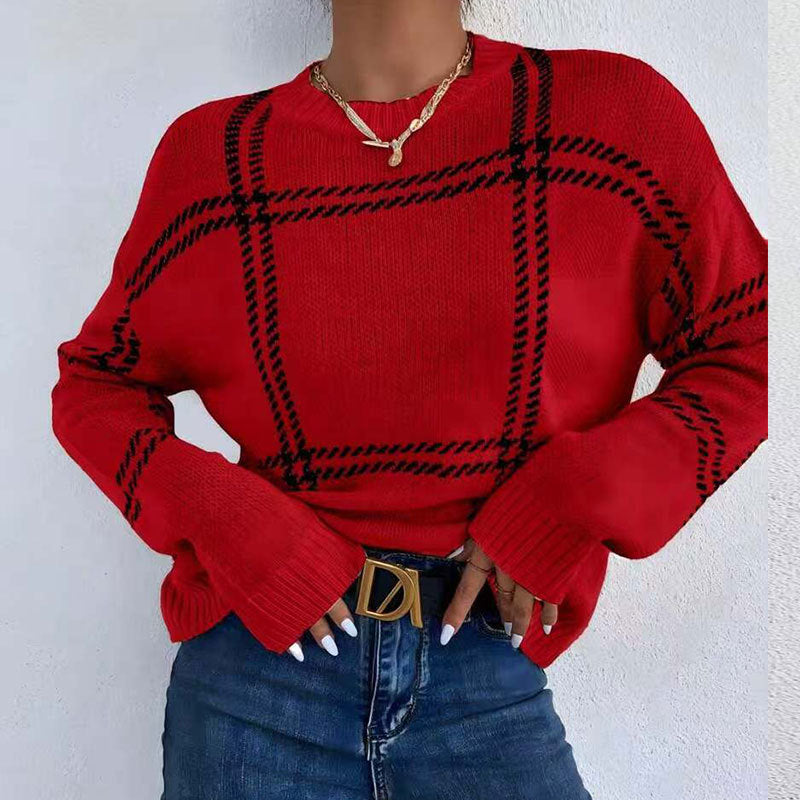 Women's Plaid Color Block Crew Neck Sweater