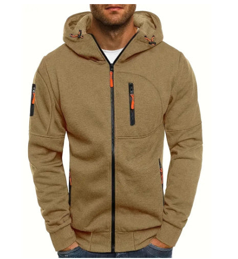 Men's Zip-Up Hooded Sweater - Solid Color Cardigan